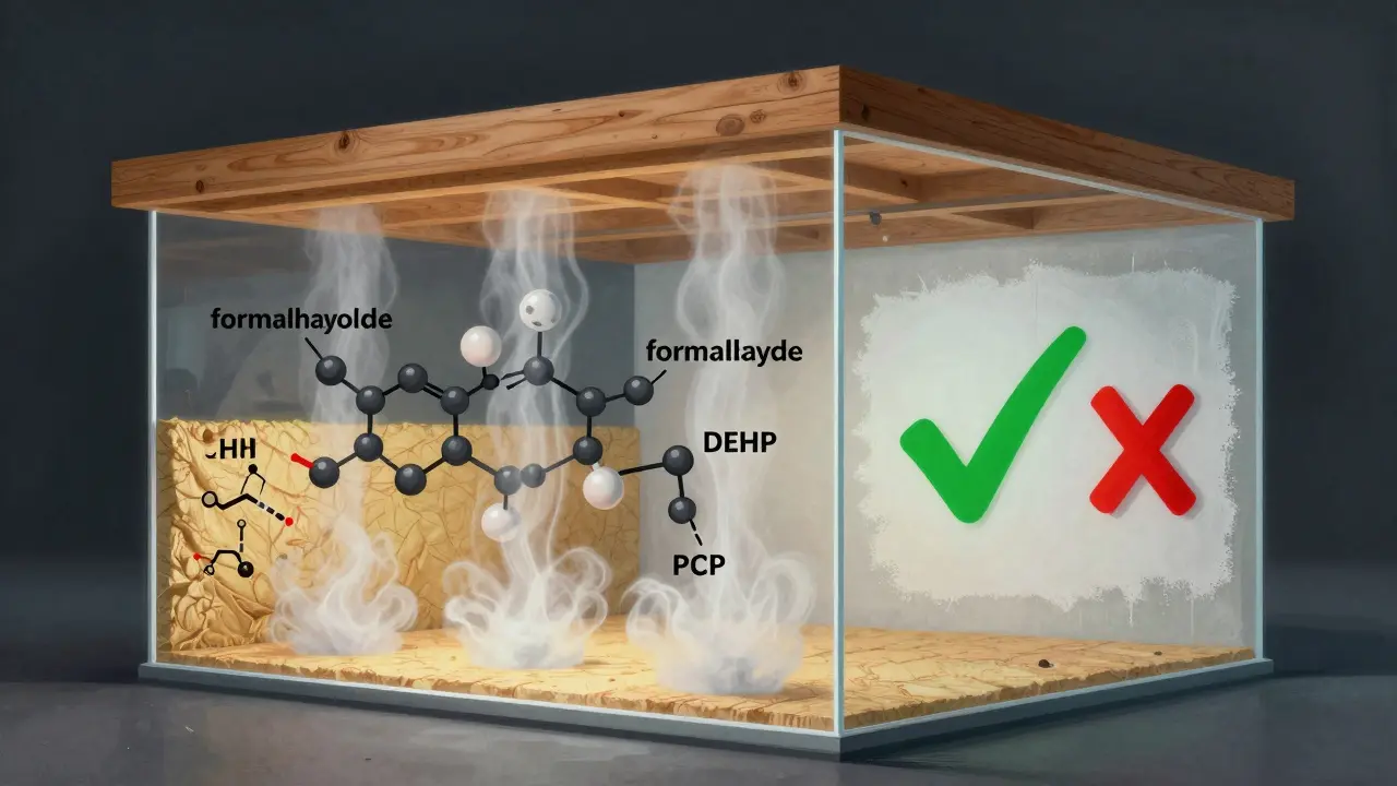 Transparenzansicht eines Hauses mit sichtbaren chemischen Ausgasungen aus Baustoffen, überlagert von einer schützenden mineralischen Beschichtung.