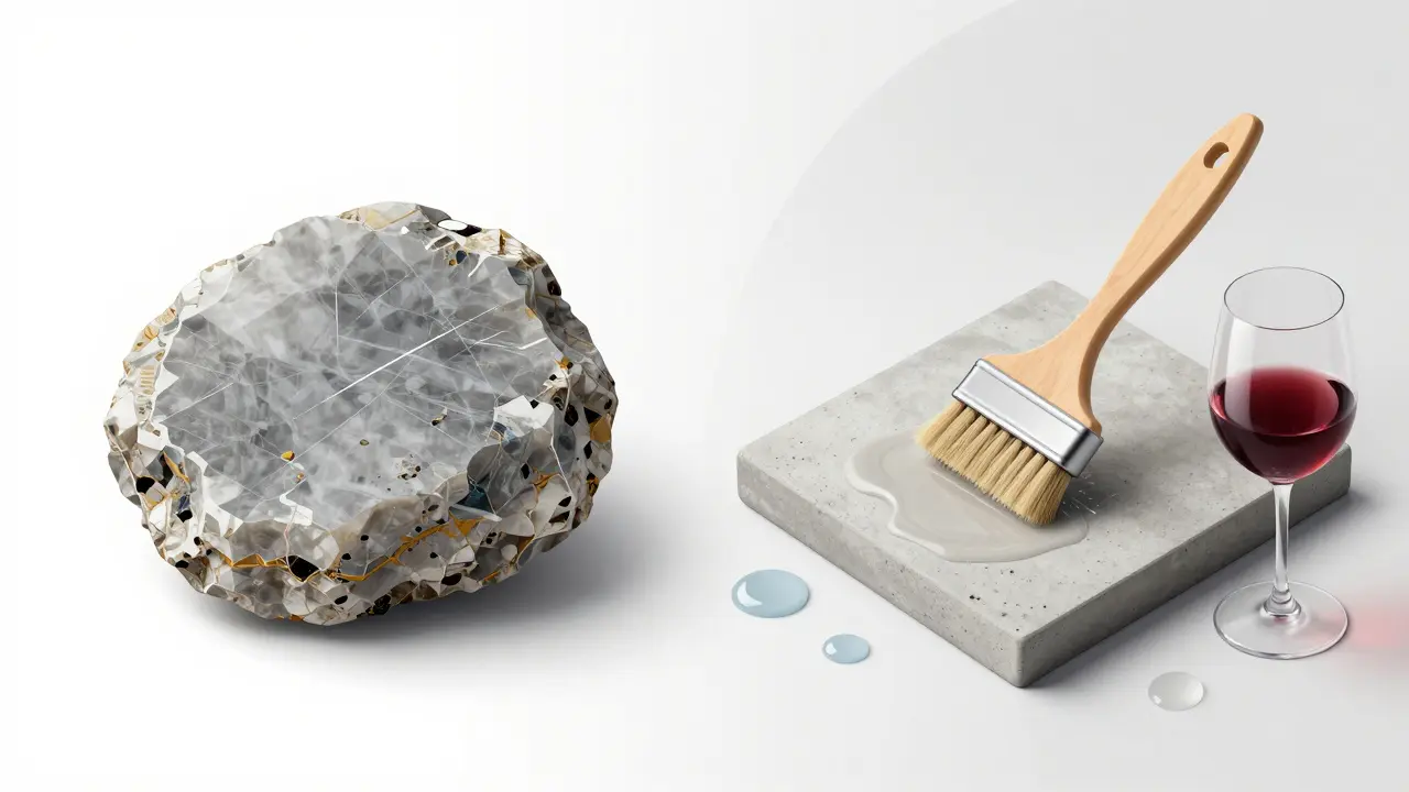 Vergleich: Mineralwerkstoff wird abgeschliffen, Beton wird imprägniert