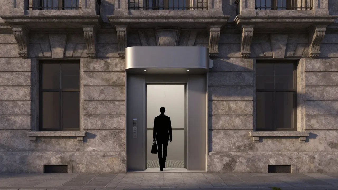 Versteckter Aufzug in einer denkmalgeschützten Wand, der nur bei Bedarf sichtbar wird.