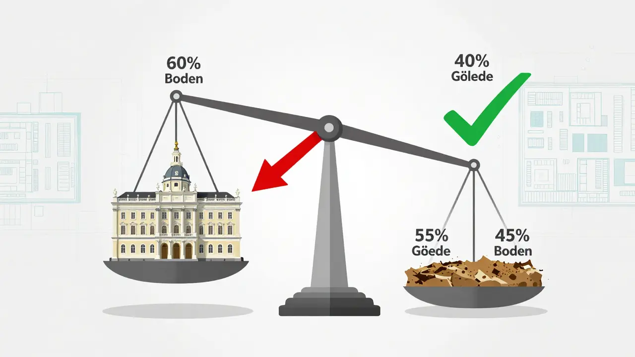 Waage, die den steuerlichen Vorteil einer richtigen Aufteilung von Boden- und Gebäudewert zeigt.