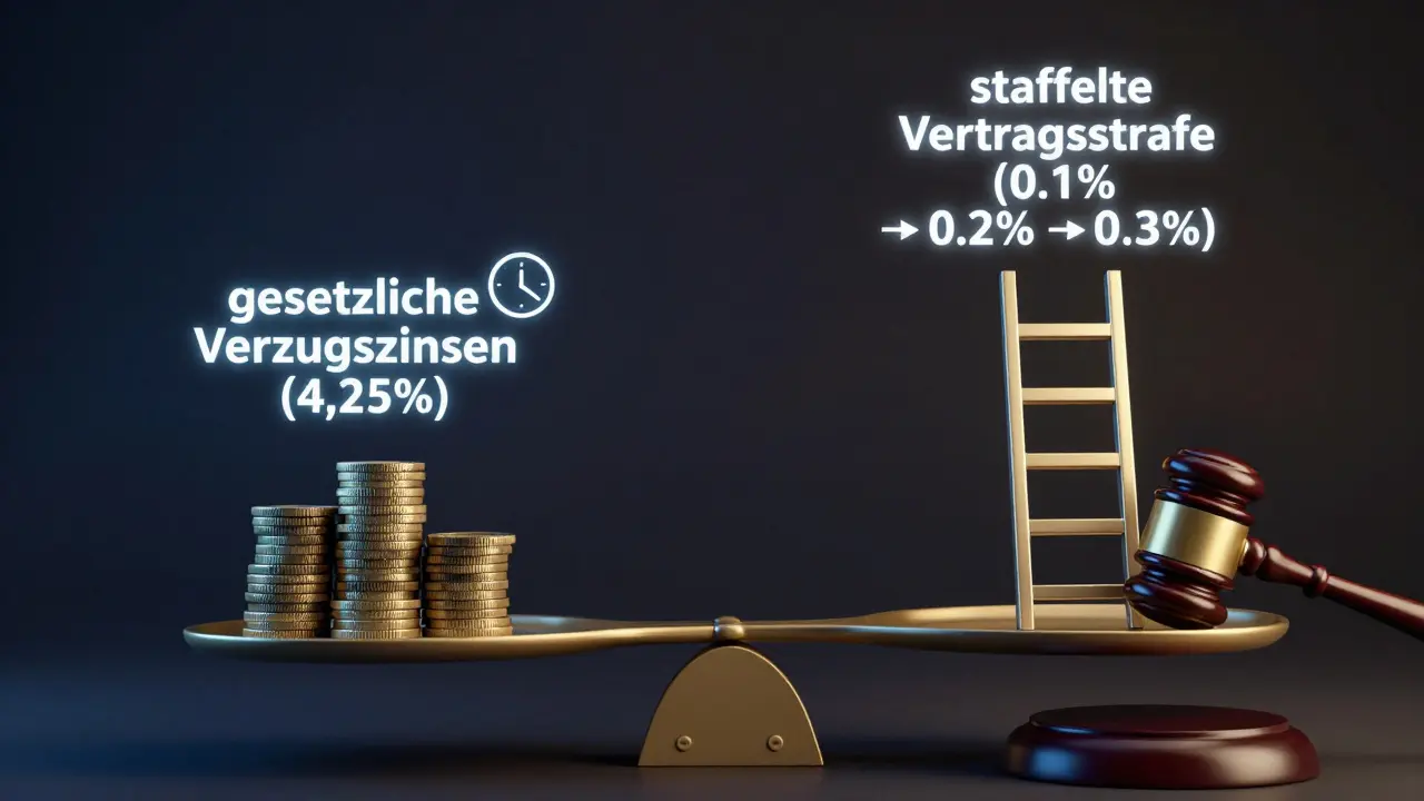 Waage mit gesetzlichen Verzugszinsen auf einer Seite und staffelter Vertragsstrafe auf der anderen Seite.