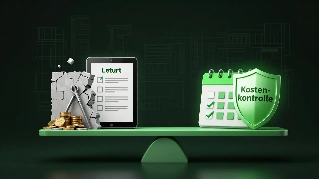 Waage zeigt versteckte Kosten gegenüber strukturierter Kostenkontrolle mit digitalen Tools und Checklisten.