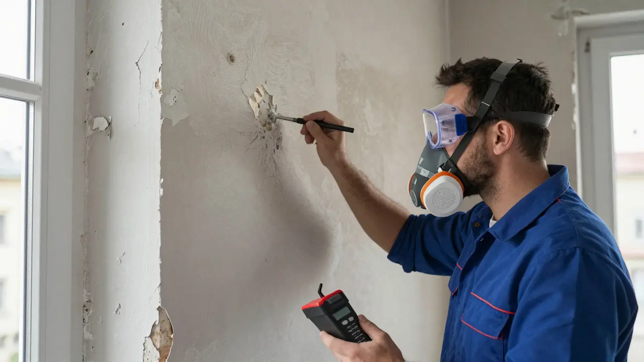 Asbest-Inspektion in Altbau mit Schutzmaske und Schutzbrille.