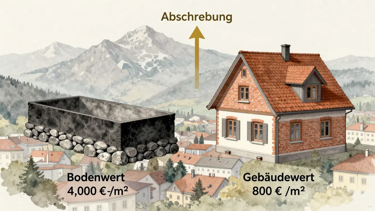Aufgeteilte Darstellung von Grundstückswert und Gebäudewert mit Preisen und Abschreibungs-Pfeil.
