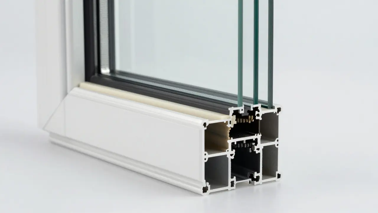 Detailansicht des Wärmebrückenbruchs in Aluminiumfensterprofil mit Dreifachverglasung.