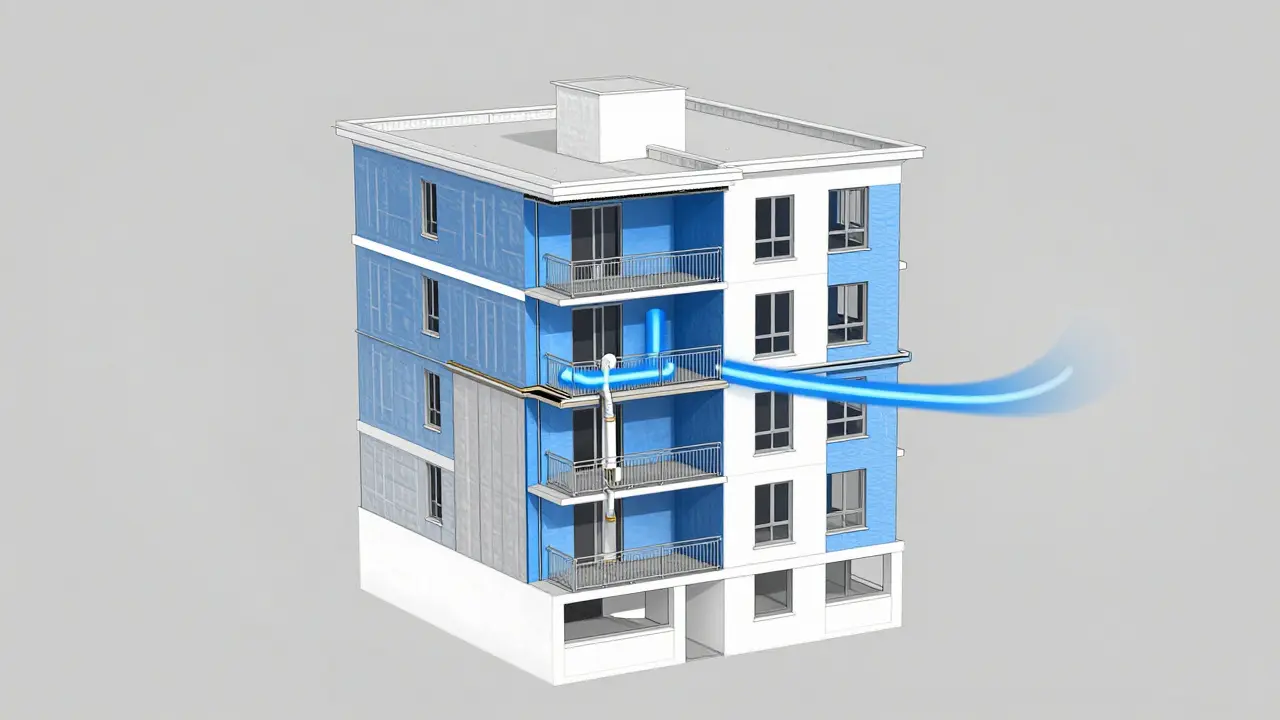 Digitales 3D-Modell eines Hauses mit visualisierten Wärmebrücken und Lüftungswegen für fehlerfreie Sanierung.