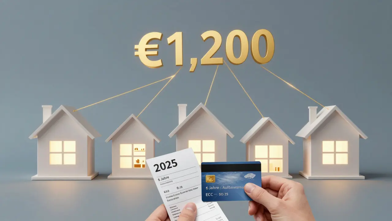 Ein Haus mit Renovierungsmaßnahmen ist mit goldenen Linien zu einem Steuervorteil von 1.200 Euro verbunden.