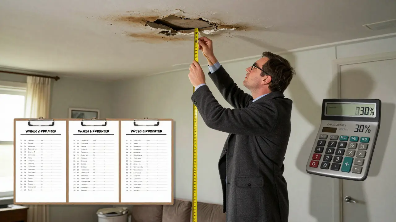 Ein Sachverständiger dokumentiert den Zustand einer Wohnimmobilie mit Fotos und Messgeräten, während neben ihm Vergleichsobjekte auf einem Klemmbrett sichtbar sind.