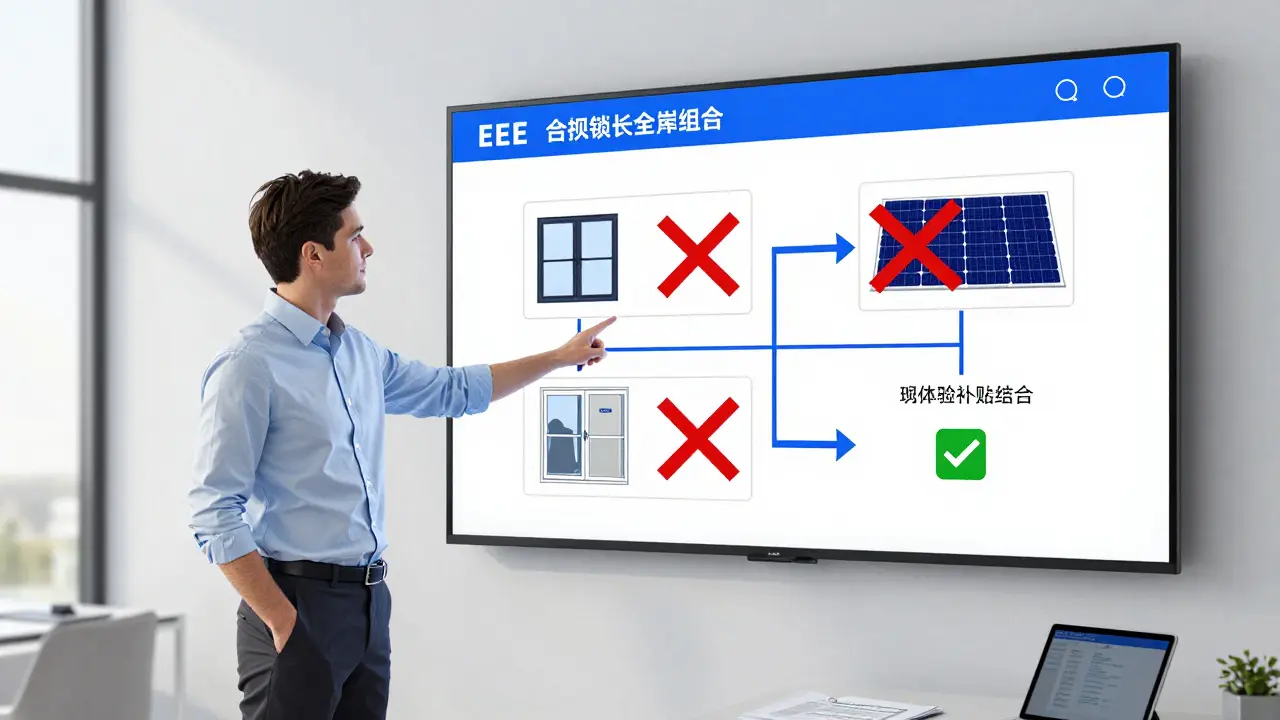 Energieberater erklärt an einem Bildschirm, welche Förderkombinationen erlaubt sind und welche nicht.