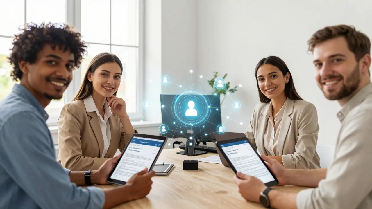 Familien in einem Notariat mit digitalen Geräten, symbolisierend einen schnellen und sicheren Immobilienkauf.