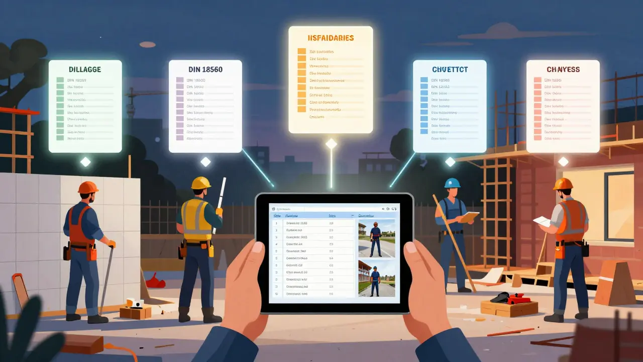 Five construction trades with color-coded digital checklists floating above their work areas at twilight.