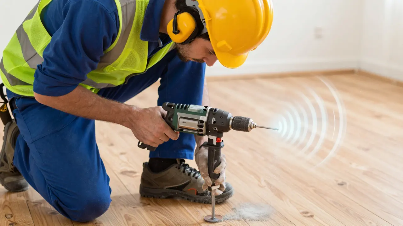 Gehörschutz beim Bohren in einer Wohnraumrenovierung.