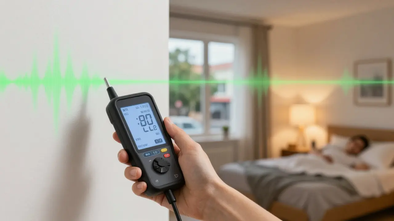 Hand mit Schallmessgerät, das den Lärmabbau von außen nach innen zeigt, während ein ruhiges Wohnzimmer im Hintergrund sichtbar ist.