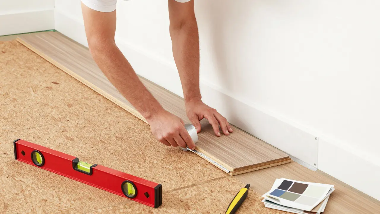 Handwerker verlegt Korkdämmung mit Klebeband und überprüft die Unterkonstruktion mit einer Wasserwaage, um eine korrekte Verlegung sicherzustellen.