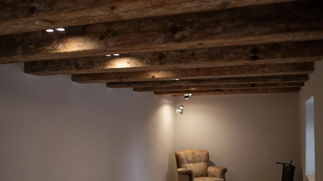 Historisches Bauernhaus mit warmen LED-Spots unter Holzbalken, die die Decke als erzählendes Element hervorheben.
