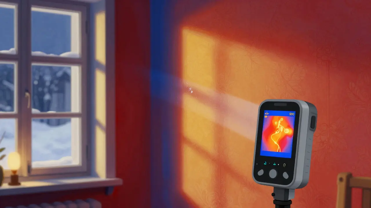 Innere Wand mit kaltem blauem Streifen neben einem Fenster, während der Rest der Wand warm erscheint, Kondenswasser an der Tapete.