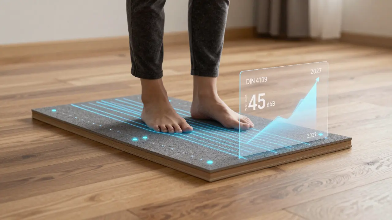 Intelligente Dämmschicht mit Sensoren, die Schallbewegungen visualisieren, während sich der Lärmpegel im Vergleich zu zukünftigen Normen zeigt.