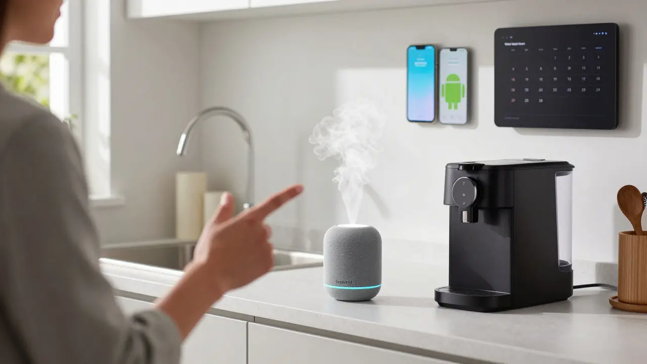 Mensch spricht in der Küche zu einem Google Assistant-Gerät, während Kaffeeautomat und Musik aktiviert werden.