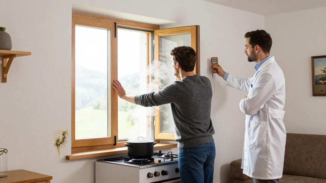 Mieter lüftet stoßweise, ein Gutachter misst die Wandfeuchtigkeit, Sofa steht 10 cm von der Wand entfernt.