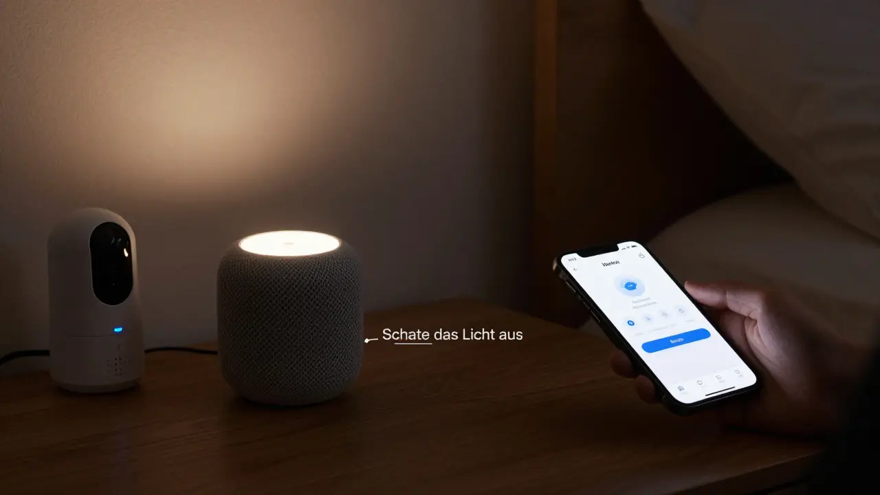 Nutzer steuert Licht und Kameras über HomeKit lokal, ohne Internetverbindung, im Schlafzimmer.