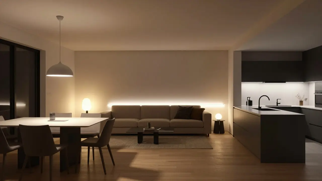 Offener Wohnbereich mit drei klar abgegrenzten Lichtzonen: Essplatz, Sofa und Küche, jede mit passender Beleuchtung.