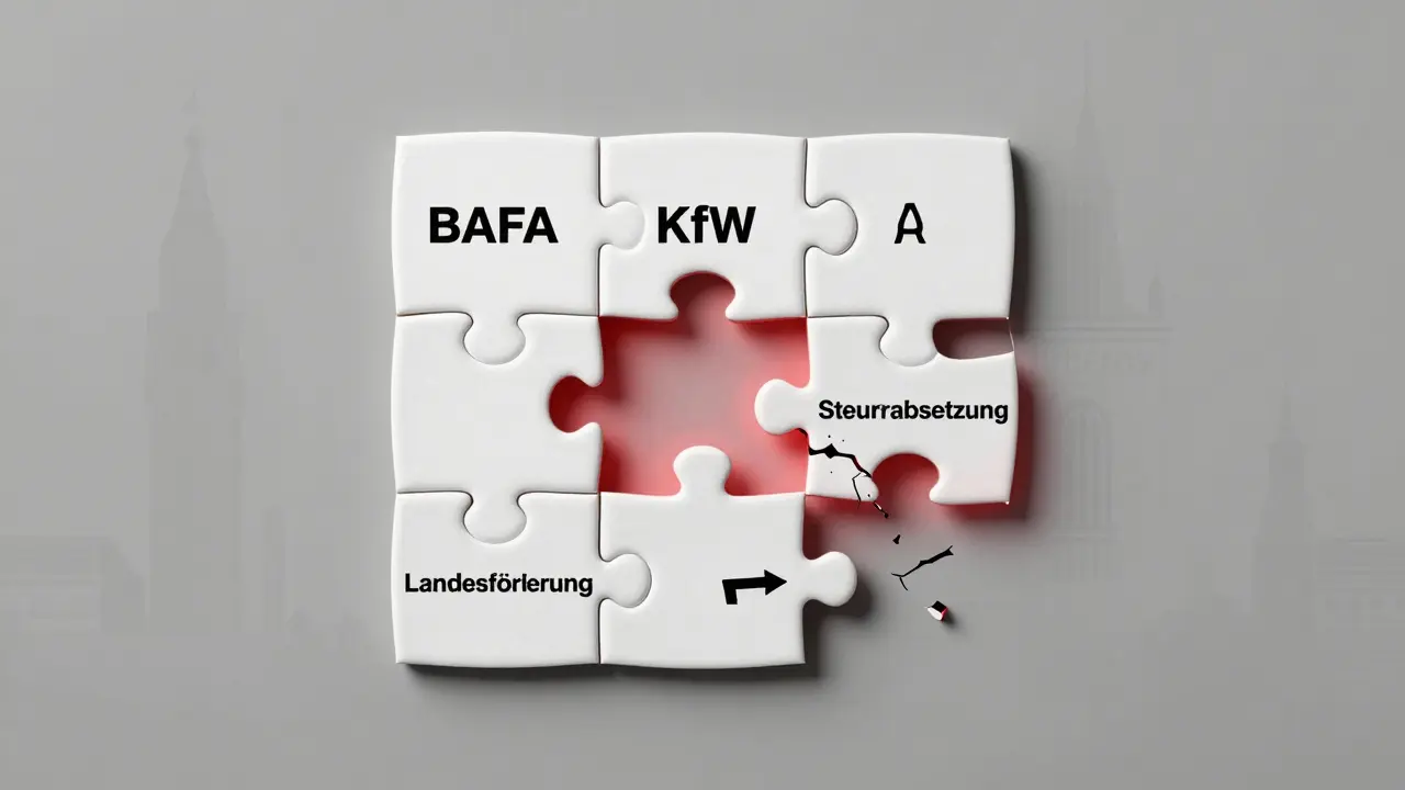 Puzzle mit Förderprogrammen, die nur bei nicht überlappenden Maßnahmen passen, andere Teile brechen auseinander.