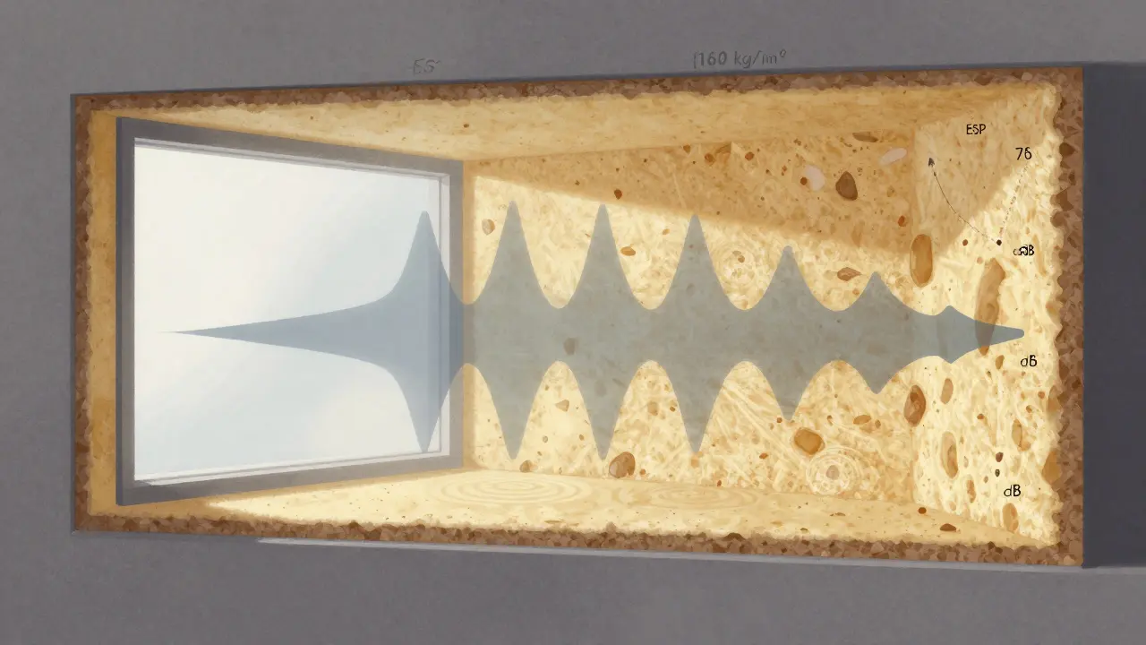 Querschnitt einer Wand mit vergleichender Darstellung von schallreflektierendem EPS und schallabsorbierendem Steinwolle-Dämmmaterial.