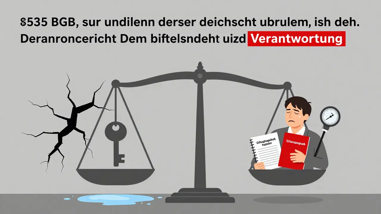 Rechtliche Waage: Eine schimmelige Wand steht einem Mieter mit Lüftungstagebuch gegenüber, über ihnen ein juristischer Text.