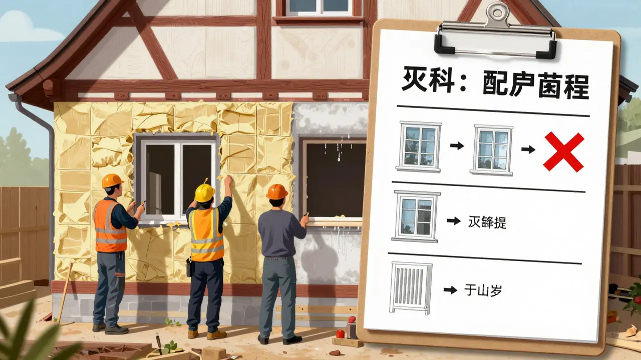 Richtige Renovierungsreihenfolge: Dämmung der Außenwände vor Fensteraustausch, mit visuellem Fehler-Vermerk.