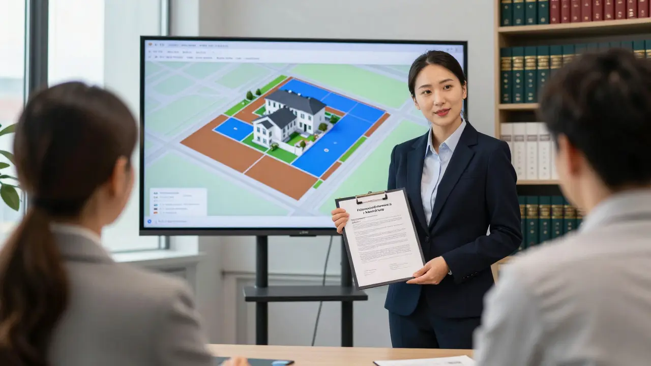 Sachverständiger präsentiert einem Ehepaar eine digitale Aufteilung von Grundstück und Gebäude in einem Finanzamt.