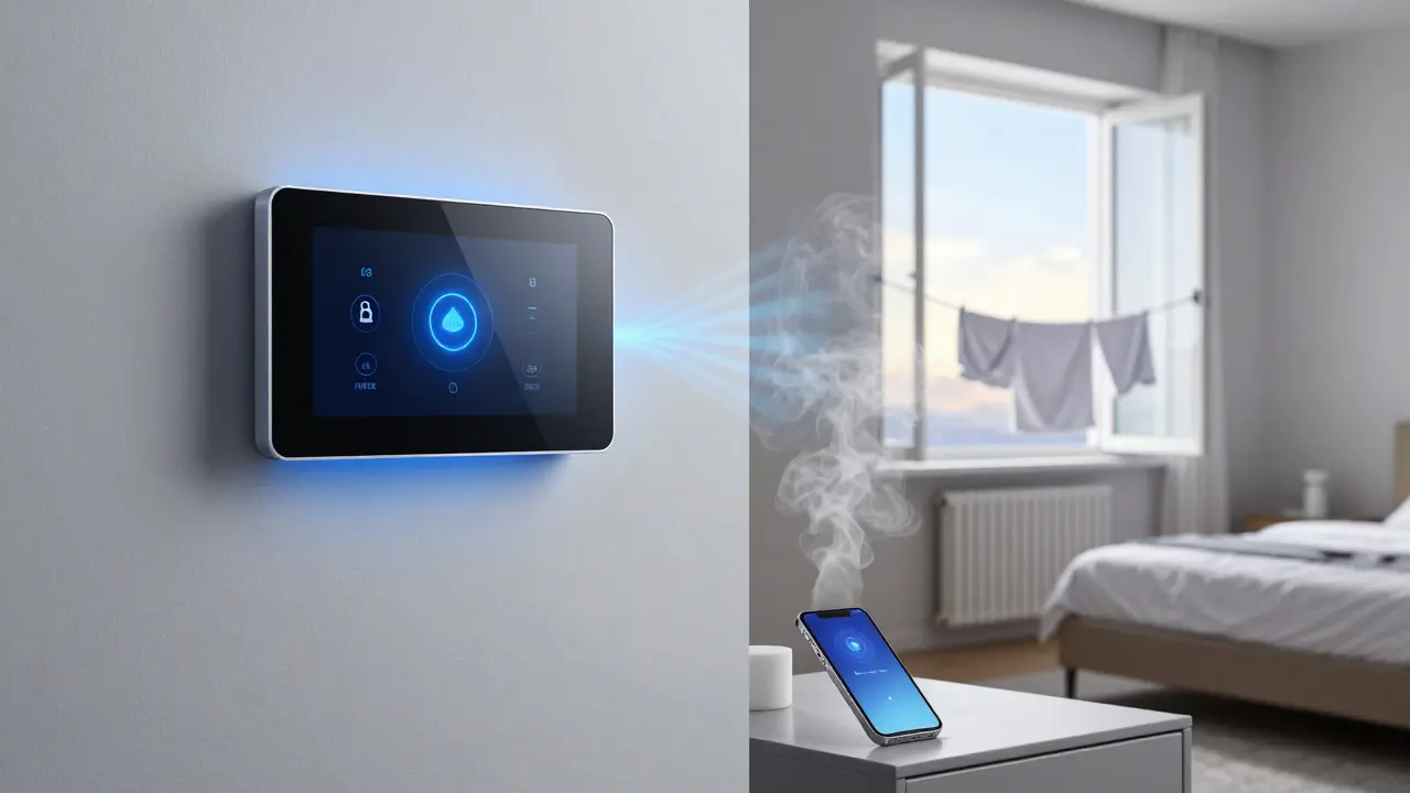 Smartes Lüftungssystem sendet Erinnerung, Fenster offen, Heizung läuft, Handtuch nicht im Schlafzimmer getrocknet.