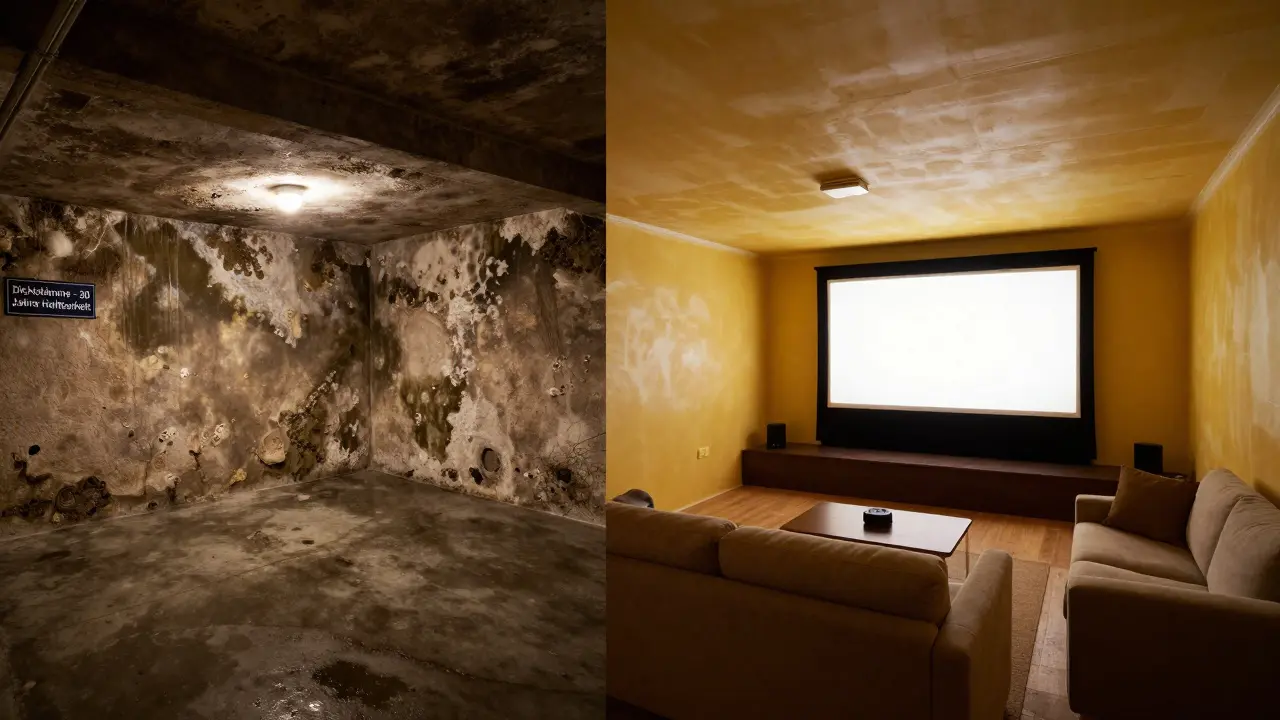 Vergleich: schimmelige Kellerwand links, trockener Heimkino-Raum rechts mit Dichtschlämme darunter.