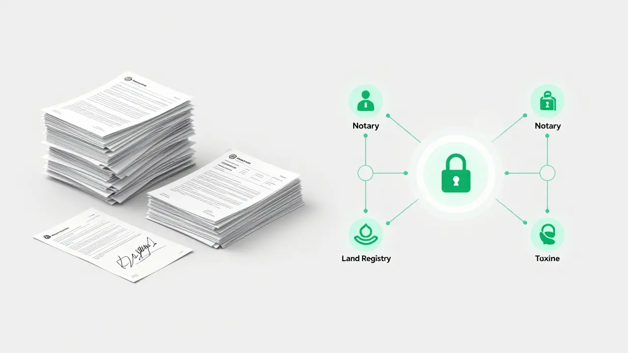 Vergleich zwischen veralteter Papierakten- und moderner digitaler Datenübertragung beim Immobilienkauf.