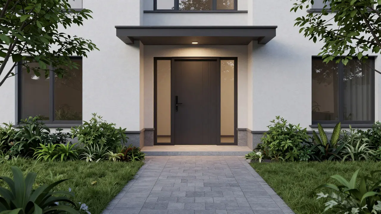 Barrierefreie Haustüre ohne Stufe verbindet Haus mit Innengarten nahtlos.