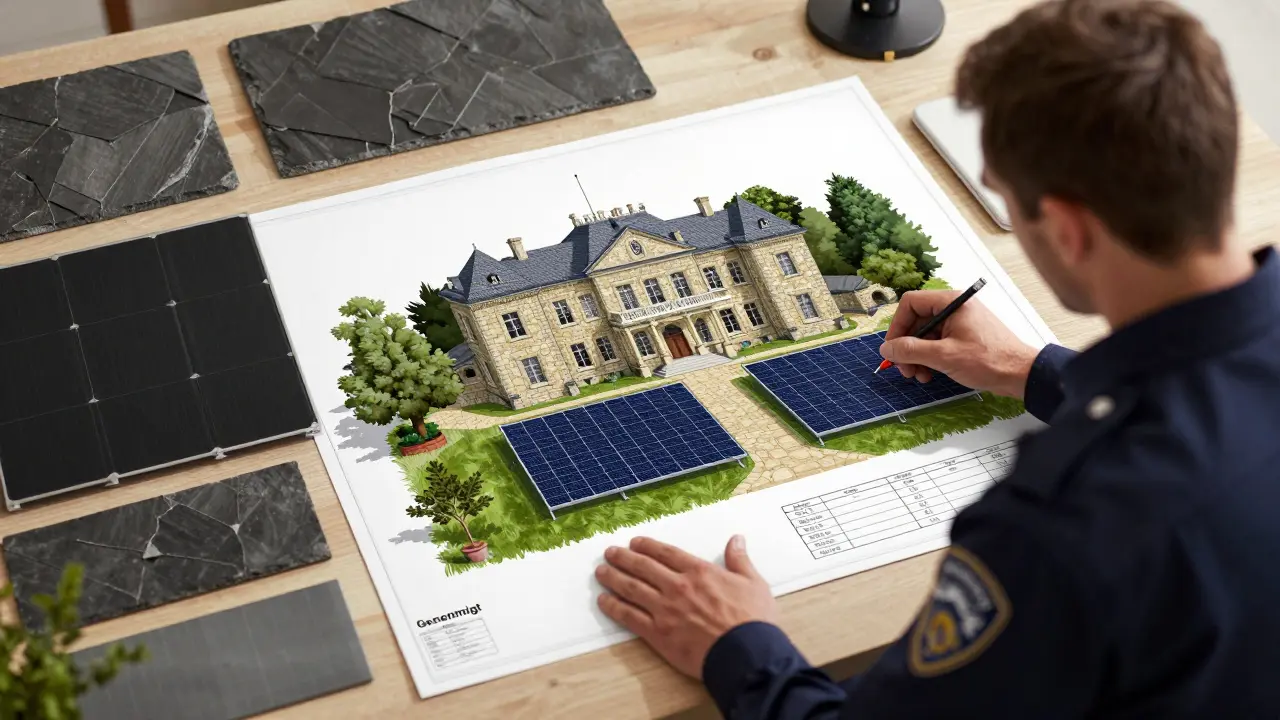 Bauamt-Mitarbeiterin prüft 3D-Visualisierung und Materialproben für eine Solaranlage auf einem Denkmal.