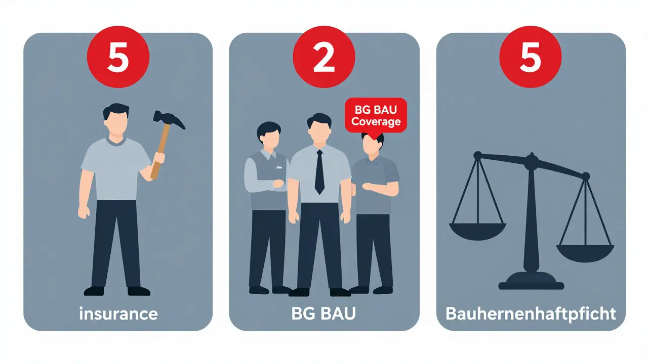 Drei Szenen zeigen rechtliche Versicherungsverpflichtungen beim Eigenbau: allein, mit Helfern und mit hohen Haftungsrisiken.