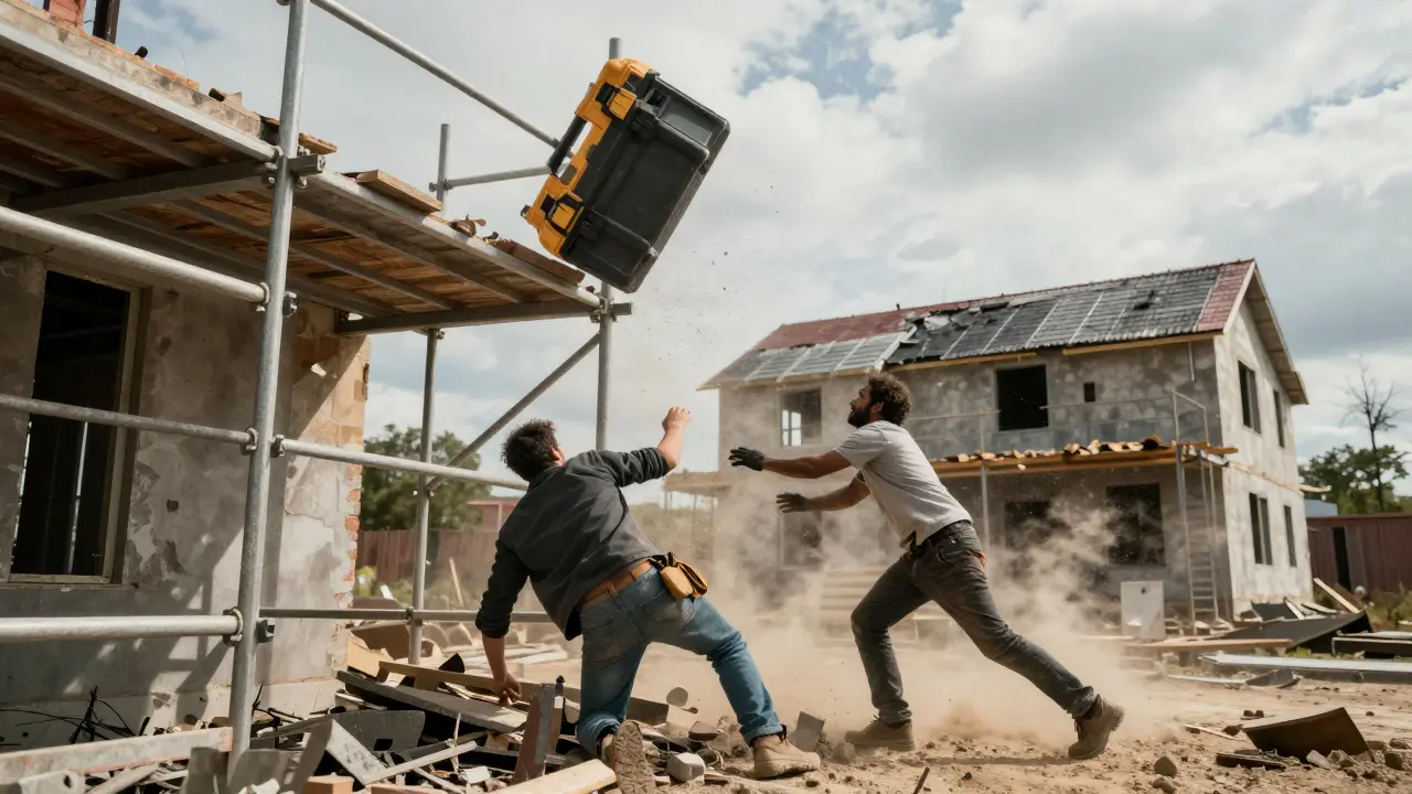 Ein fallendes Werkzeug gefährdet einen Arbeiter auf einer Baustelle, während andere Arbeiten verrichten.
