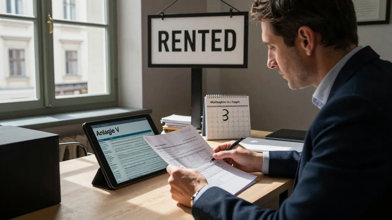 Ein Investor prüft Steuerunterlagen mit einem digitalen Anlage-V-Formular, hinter ihm hängt ein Mietzeichen an einem Gebäude.