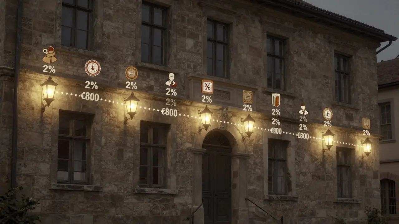 Eine 50-jährige Abschreibungszeitspanne als leuchtende Linie entlang eines alten Gebäudes mit jährlichen 2%-Markierungen.