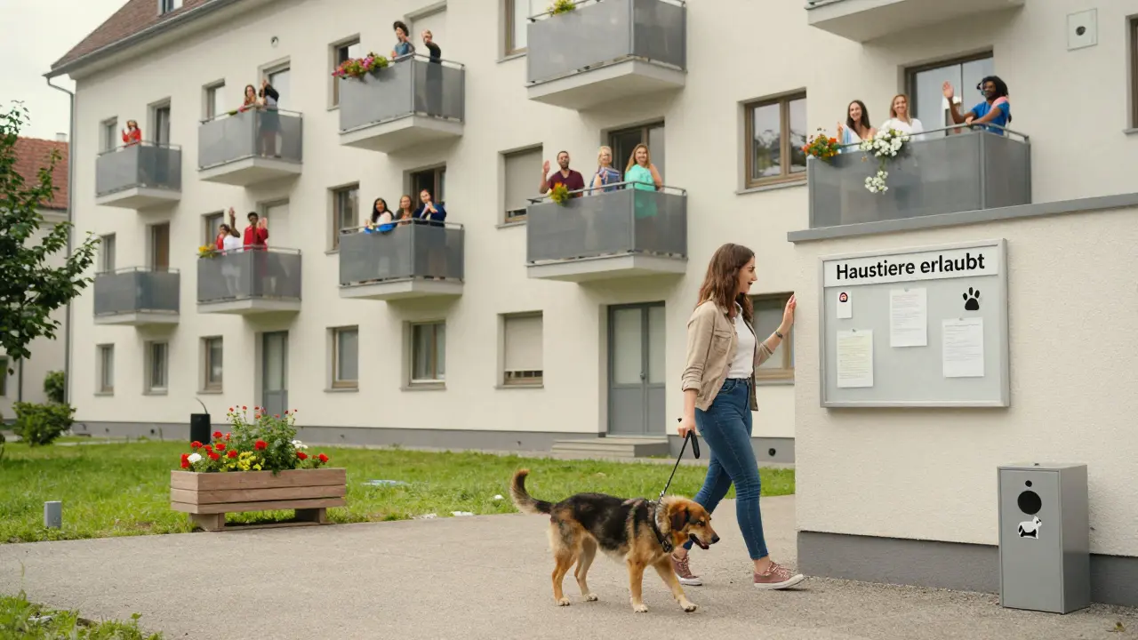 Eine Frau mit einem Hund spazieren gehend, Nachbarn grüßen von Balkonen, ein Schild mit 'Haustiere erlaubt' im Hof.