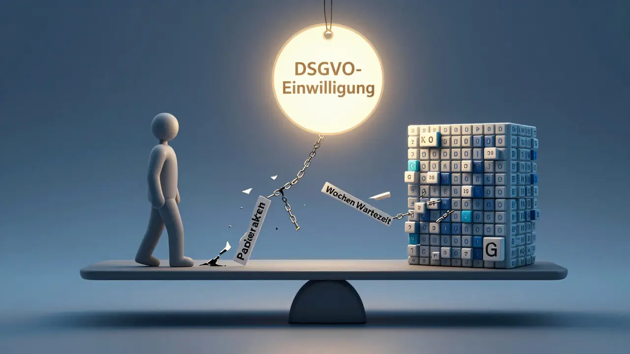 Eine Waage, die einen Menschen gegen einen Algorithmus abwägt, während digitale Akten abfallen und DSGVO-Einwilligung leuchtet.