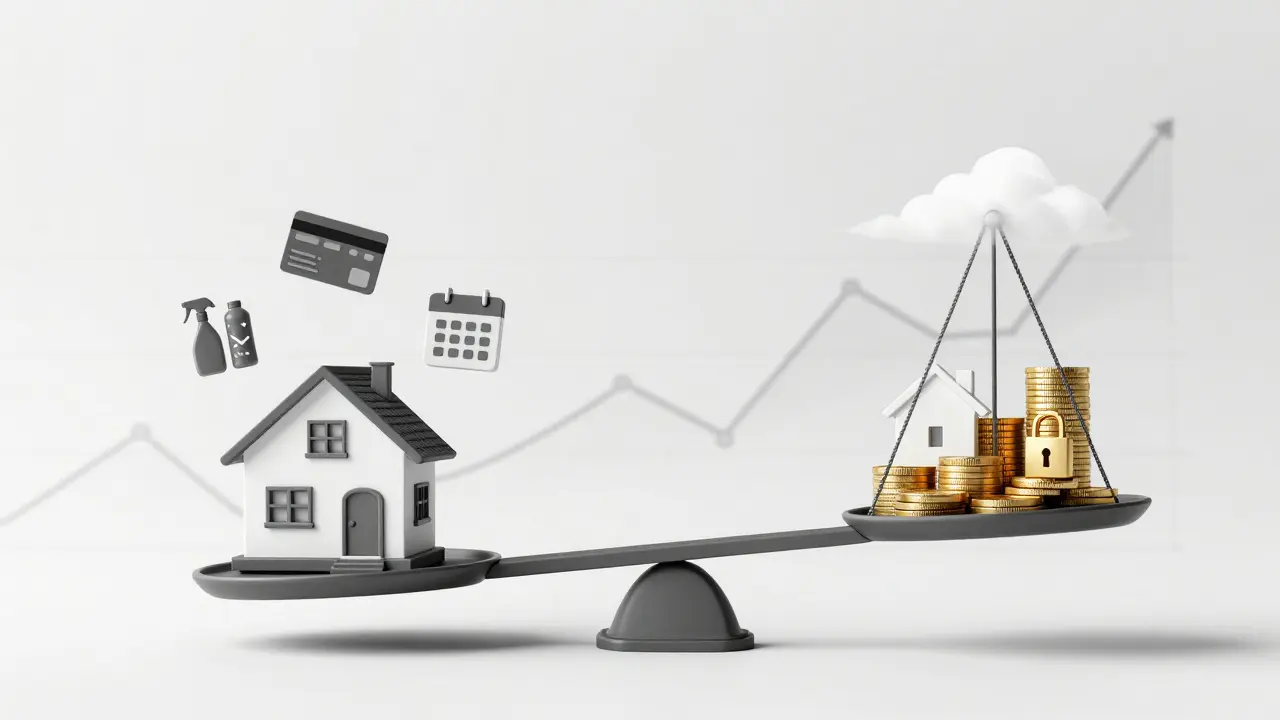 Finanzielle Waage: Ferienwohnung mit hohen Kosten vs. Langzeitmiete mit stabiler Rendite.