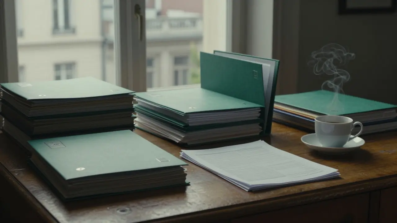 Geordnetes Archiv mit Akten auf Schreibtisch bei Tageslichtblick.