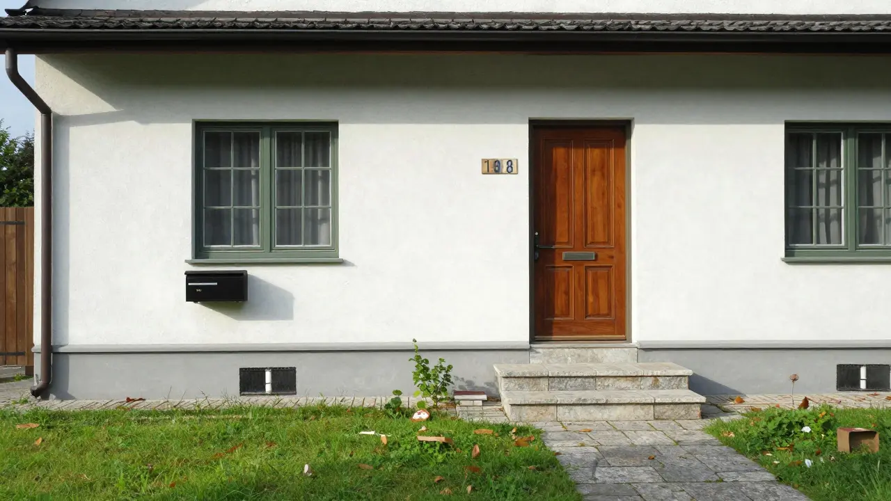 Gepflegter Hausvorplatz mit frisch gestrichenem Briefkasten, gemähtem Rasen und sauberer Eingangstreppe in Österreich.