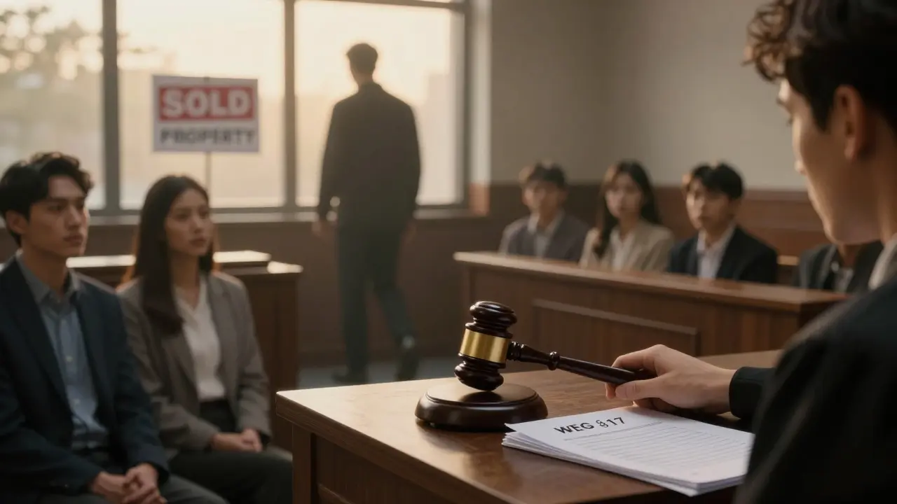 Gerichtssaal-Szene mit Richter, Hausgemeinschaft und abgehendem Eigentümer vor einer verkauften Immobilie