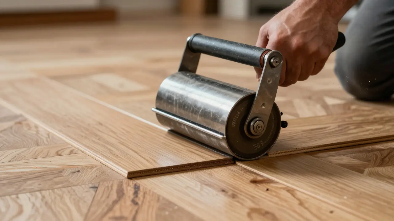 Handwerker rollt Parkettfugen mit Druckwalze ab