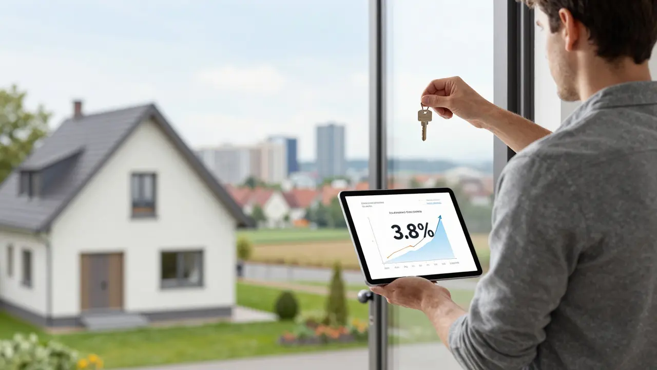 Hausbesitzer vor energieeffizientem Zuhause in mittelgroßer Stadt, Tablet zeigt stabile Zinsen und Wertentwicklung — Zukunft der Investition.