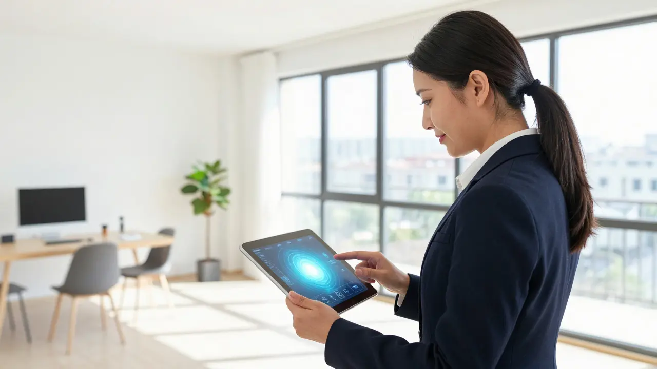 Immobilienmanager nutzt Tablet in renovierter Wohnung für aktives Management.