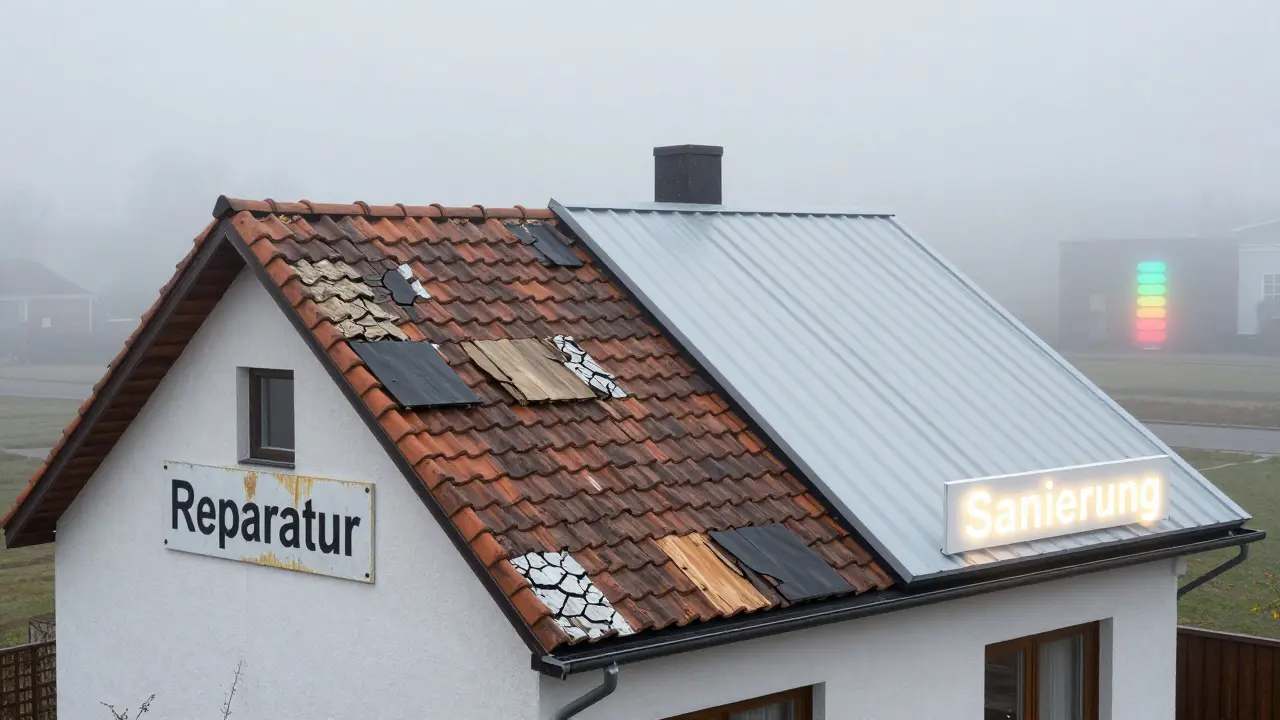 Kontrast zwischen repariertem, patchworkartigem Dach und neuem, modernem Dach mit Energieersparnis-Visualisierung.