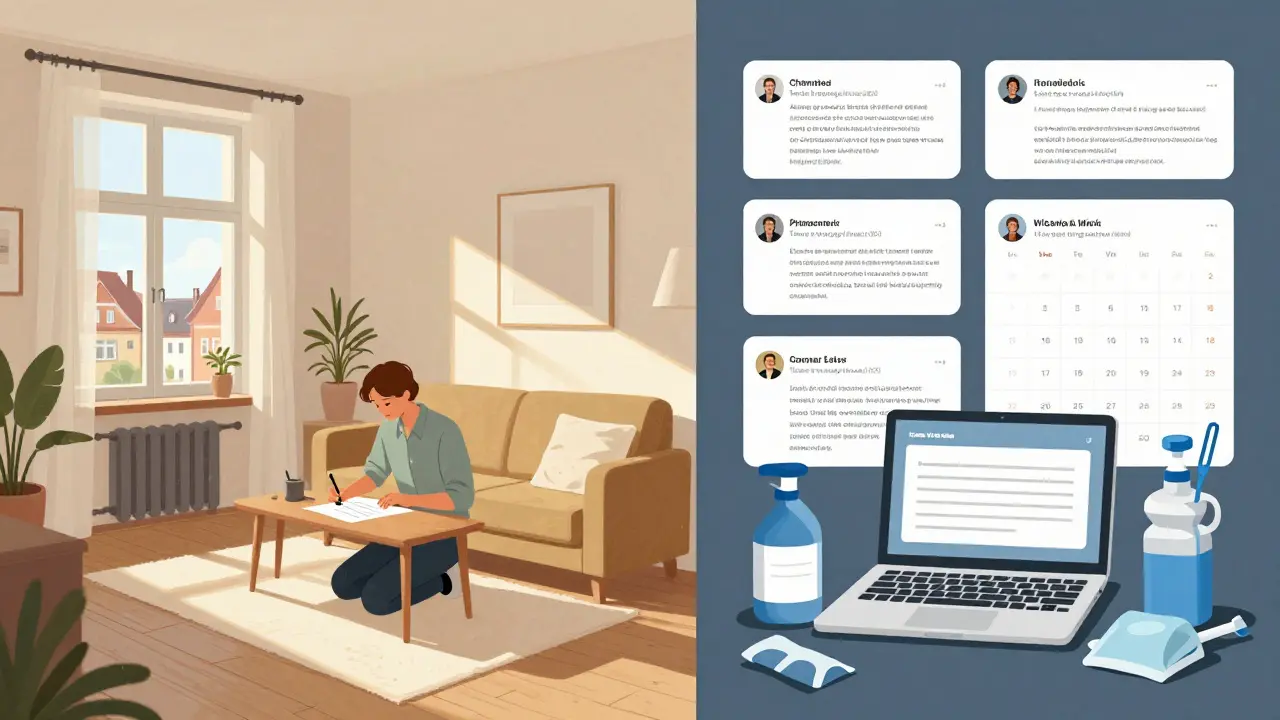 Kontrastierende Szene: Ruhe in einer Langzeitmietwohnung vs. Unordnung in einer Ferienvermietung.